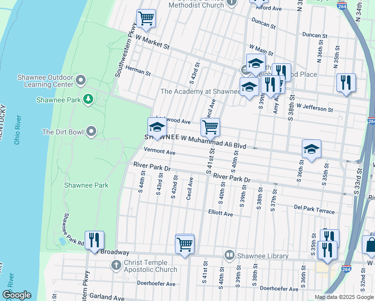 map of restaurants, bars, coffee shops, grocery stores, and more near 4213 Vermont Avenue in Louisville