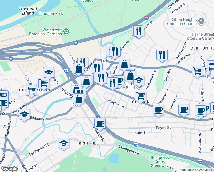 map of restaurants, bars, coffee shops, grocery stores, and more near 1741 Frankfort Avenue in Louisville
