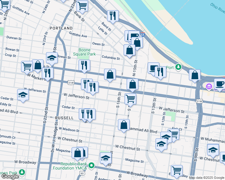 map of restaurants, bars, coffee shops, grocery stores, and more near 1622 West Market Street in Louisville