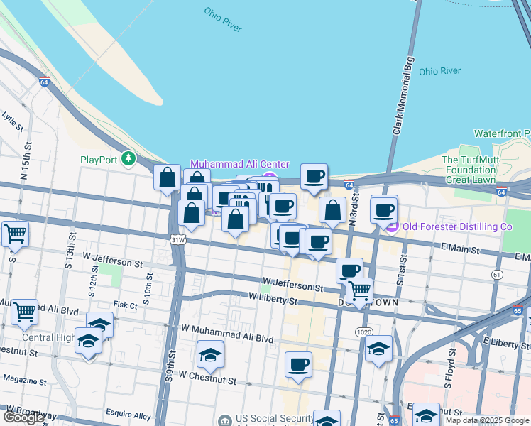 map of restaurants, bars, coffee shops, grocery stores, and more near 520 West Main Street in Louisville
