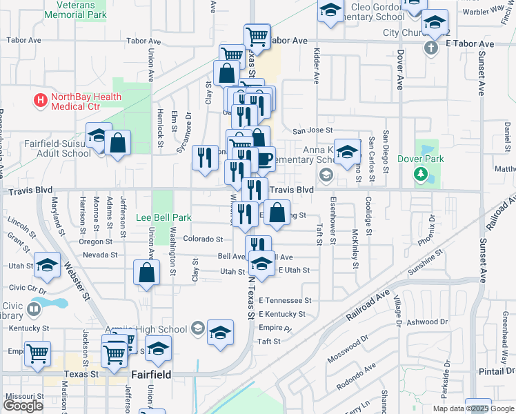map of restaurants, bars, coffee shops, grocery stores, and more near 1468 North Texas Street in Fairfield