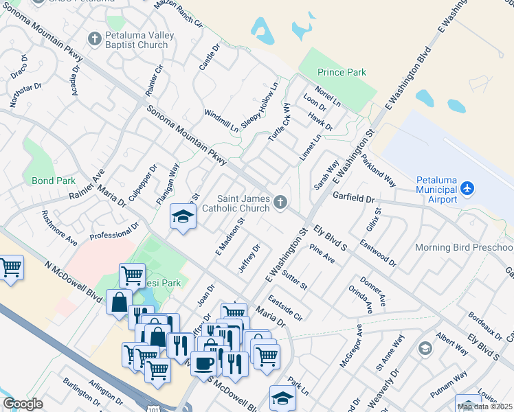 map of restaurants, bars, coffee shops, grocery stores, and more near 1724 East Madison Street in Petaluma