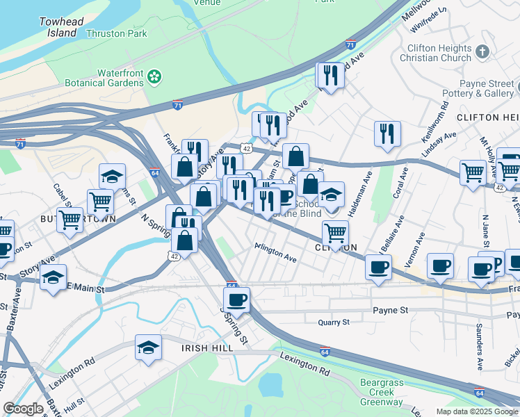 map of restaurants, bars, coffee shops, grocery stores, and more near 1741 Frankfort Avenue in Louisville