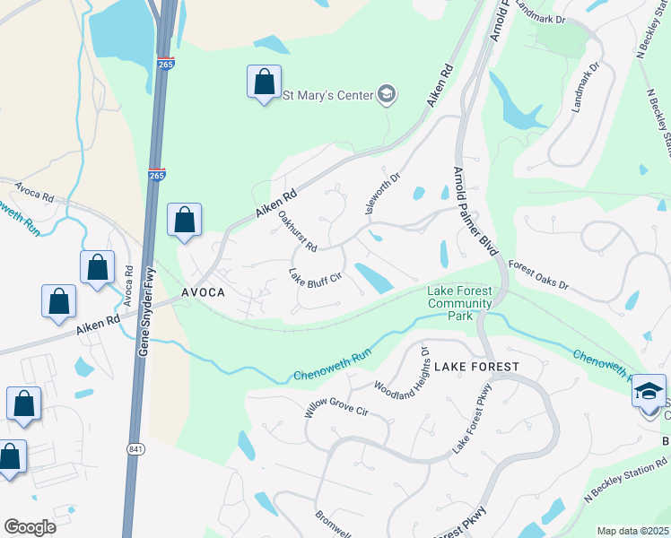 map of restaurants, bars, coffee shops, grocery stores, and more near 1119 Lake Bluff Circle in Louisville