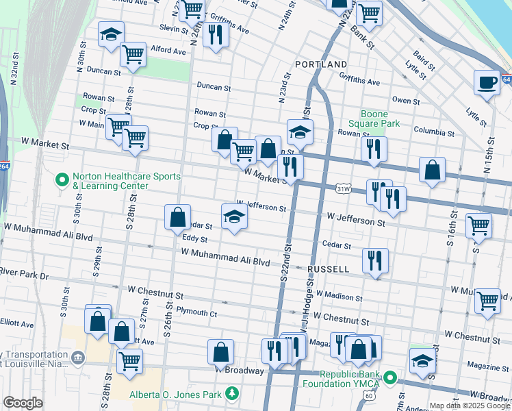map of restaurants, bars, coffee shops, grocery stores, and more near West Jefferson Street in Louisville