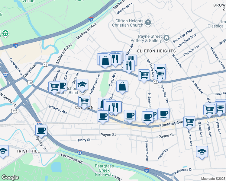 map of restaurants, bars, coffee shops, grocery stores, and more near 168 North Bellaire Avenue in Louisville