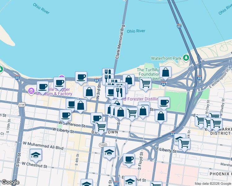 map of restaurants, bars, coffee shops, grocery stores, and more near 100 Witherspoon Street in Louisville