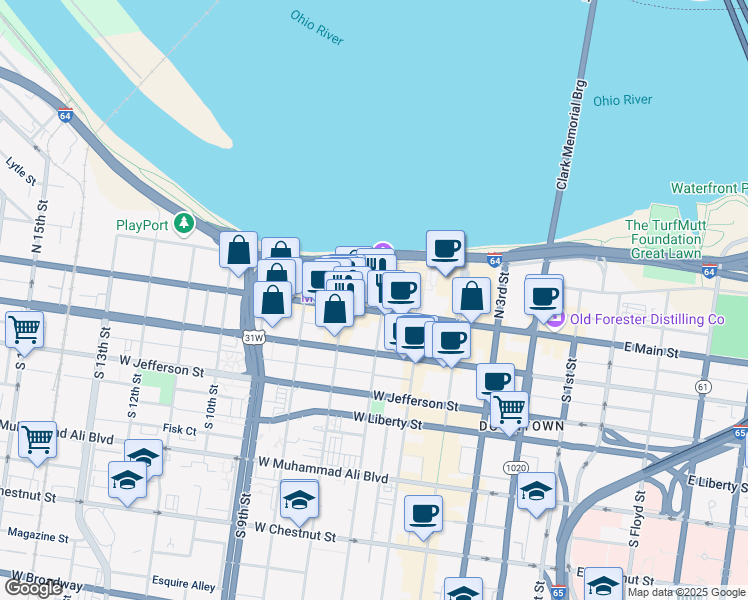 map of restaurants, bars, coffee shops, grocery stores, and more near 520 West Main Street in Louisville