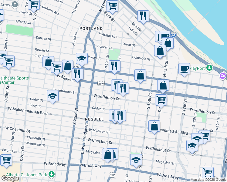 map of restaurants, bars, coffee shops, grocery stores, and more near 214 South 19th Street in Louisville