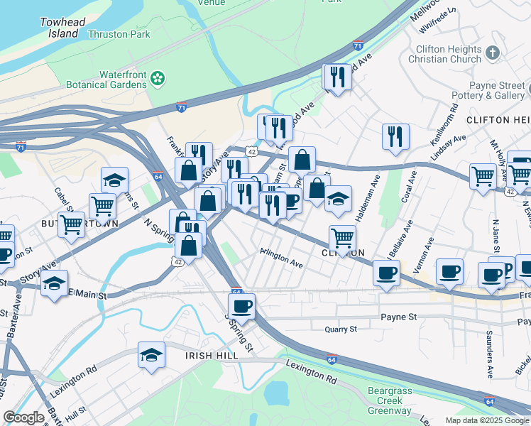 map of restaurants, bars, coffee shops, grocery stores, and more near 1741 Frankfort Avenue in Louisville