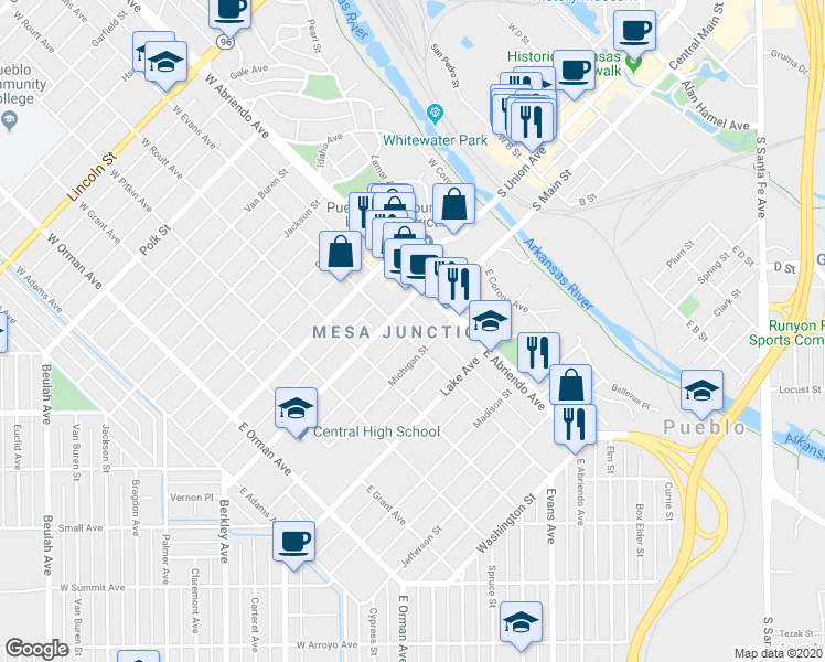 map of restaurants, bars, coffee shops, grocery stores, and more near 216 East Evans Avenue in Pueblo