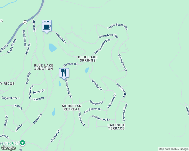 map of restaurants, bars, coffee shops, grocery stores, and more near 1213 Meadow Drive in Arnold
