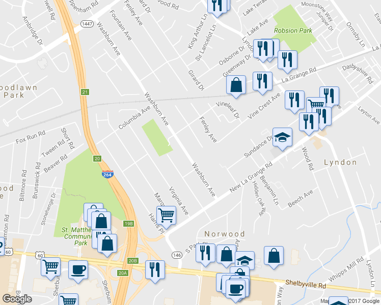 map of restaurants, bars, coffee shops, grocery stores, and more near 511 Washburn Avenue in Louisville