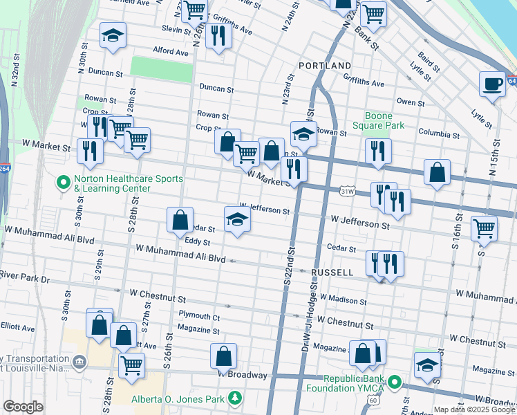 map of restaurants, bars, coffee shops, grocery stores, and more near West Jefferson Street in Louisville