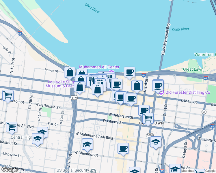map of restaurants, bars, coffee shops, grocery stores, and more near 609 West Main Street in Louisville