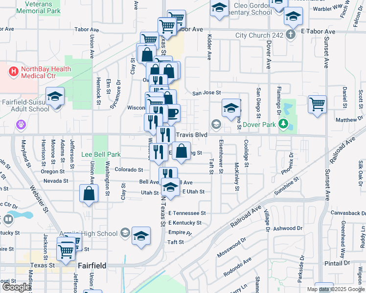 map of restaurants, bars, coffee shops, grocery stores, and more near 219 East Travis Boulevard in Fairfield