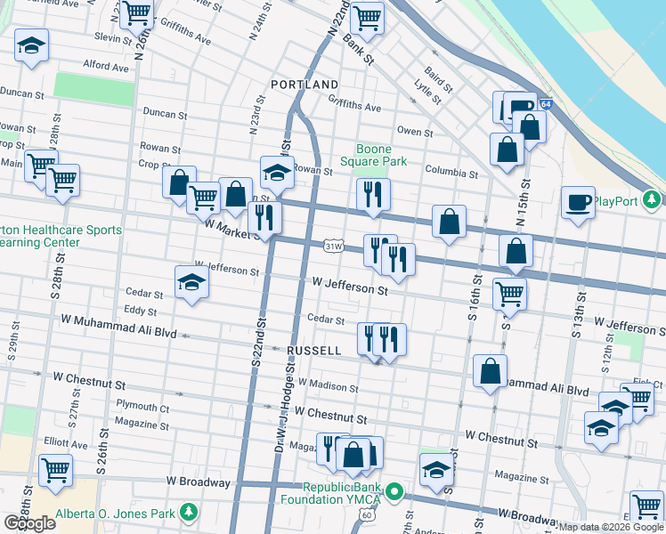 map of restaurants, bars, coffee shops, grocery stores, and more near 214 S 20th St in Louisville