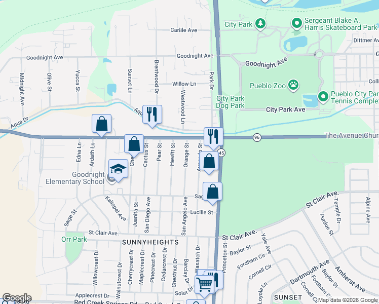 map of restaurants, bars, coffee shops, grocery stores, and more near 522 Orange Street in Pueblo