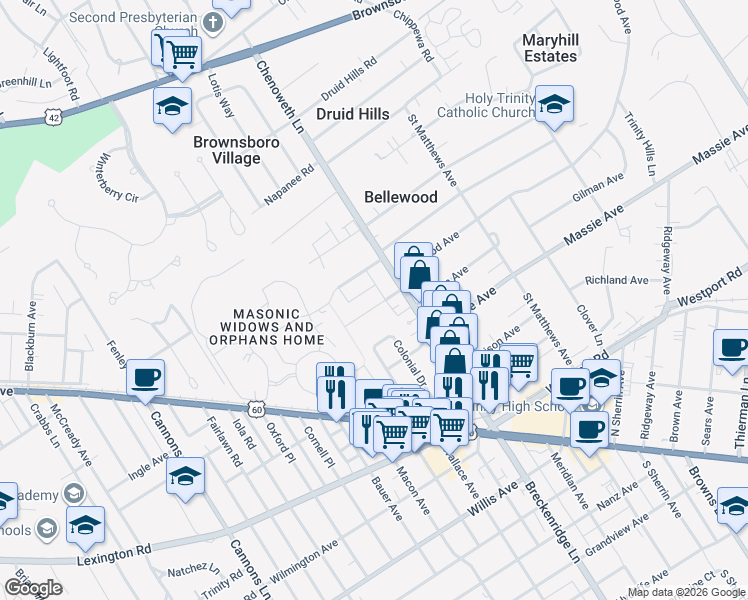 map of restaurants, bars, coffee shops, grocery stores, and more near 3829 Elmwood Avenue in Louisville