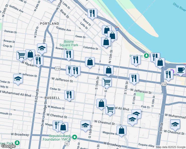 map of restaurants, bars, coffee shops, grocery stores, and more near 1622 West Market Street in Louisville