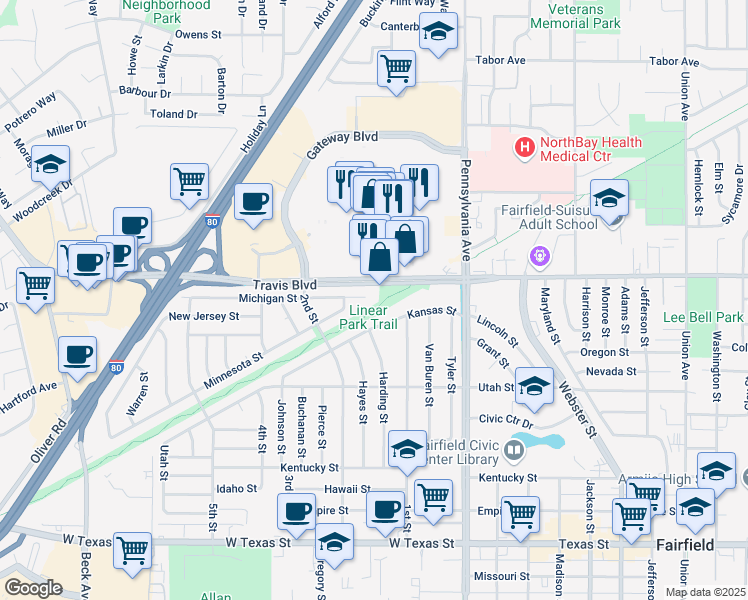 map of restaurants, bars, coffee shops, grocery stores, and more near 1401 Michigan Street in Fairfield