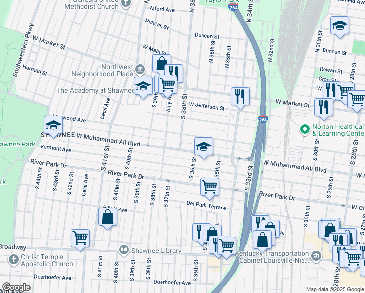map of restaurants, bars, coffee shops, grocery stores, and more near 3707 West Muhammad Ali Boulevard in Louisville