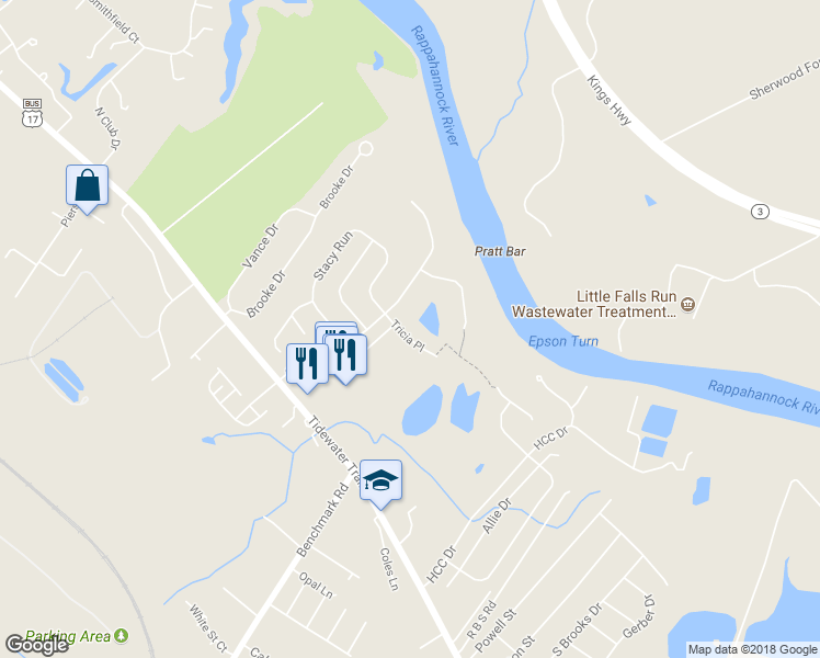 map of restaurants, bars, coffee shops, grocery stores, and more near 10713 Tricia Place in Fredericksburg