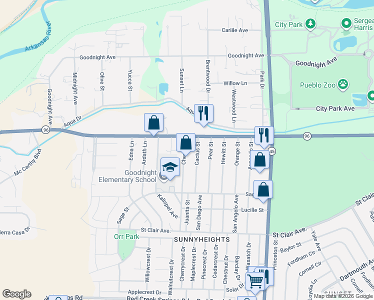 map of restaurants, bars, coffee shops, grocery stores, and more near 524 Cherry Lane in Pueblo
