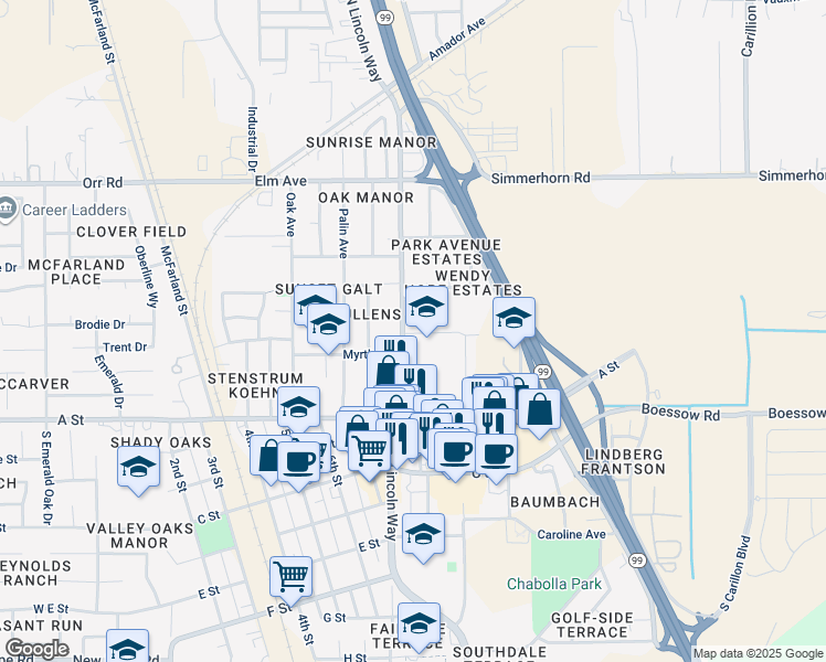map of restaurants, bars, coffee shops, grocery stores, and more near 219 North Lincoln Way in Galt