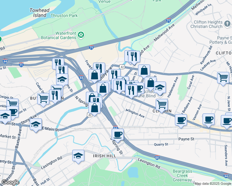 map of restaurants, bars, coffee shops, grocery stores, and more near 1710 U.S. 60 in Louisville