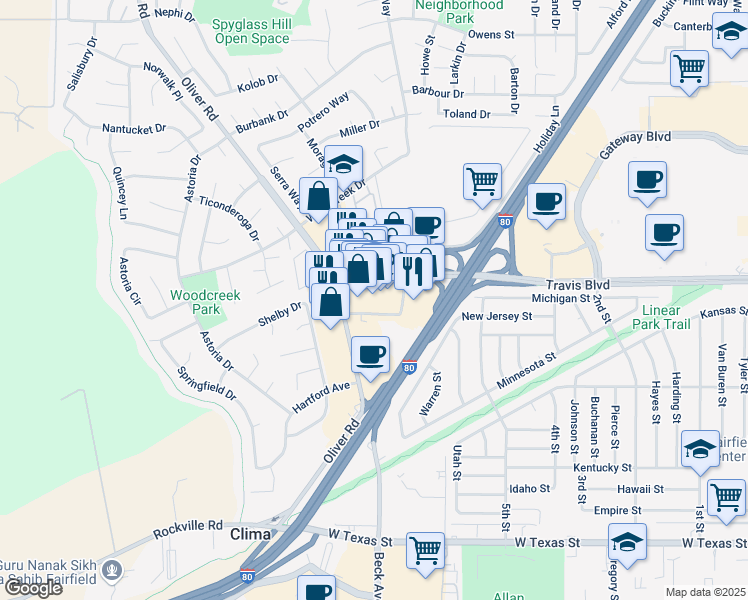 map of restaurants, bars, coffee shops, grocery stores, and more near 3001 Travis Boulevard in Fairfield