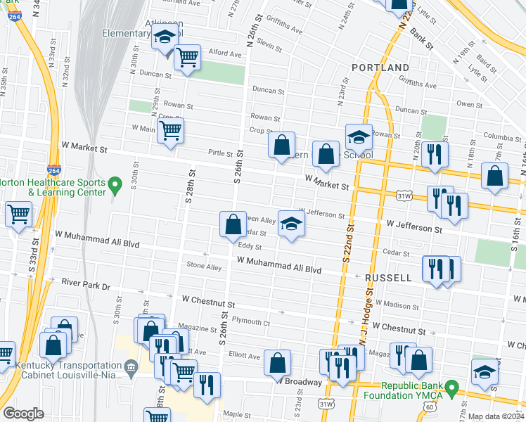map of restaurants, bars, coffee shops, grocery stores, and more near 2504 West Jefferson Street in Louisville