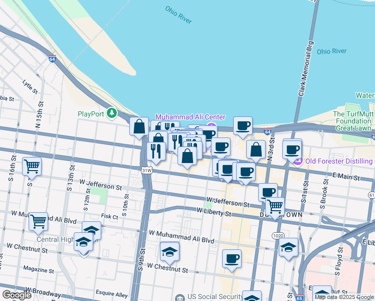 map of restaurants, bars, coffee shops, grocery stores, and more near 711 West Main Street in Louisville