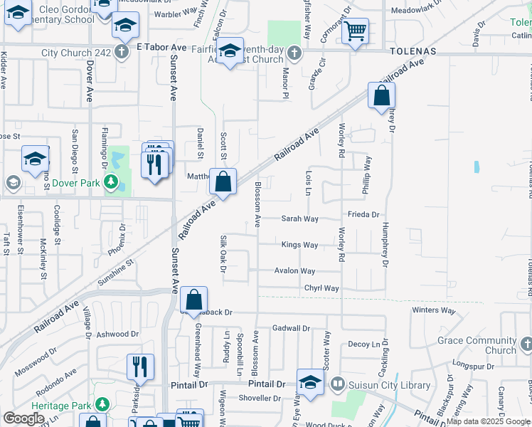 map of restaurants, bars, coffee shops, grocery stores, and more near 402 Sarah Way in Suisun City