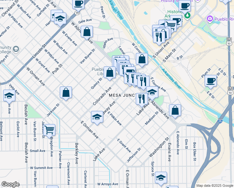 map of restaurants, bars, coffee shops, grocery stores, and more near 213 Broadway Avenue in Pueblo