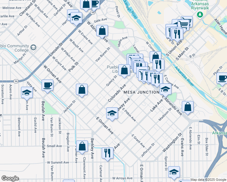 map of restaurants, bars, coffee shops, grocery stores, and more near 317 Colorado Avenue in Pueblo