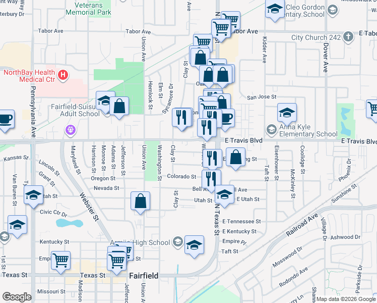 map of restaurants, bars, coffee shops, grocery stores, and more near 348 Arizona Street in Fairfield