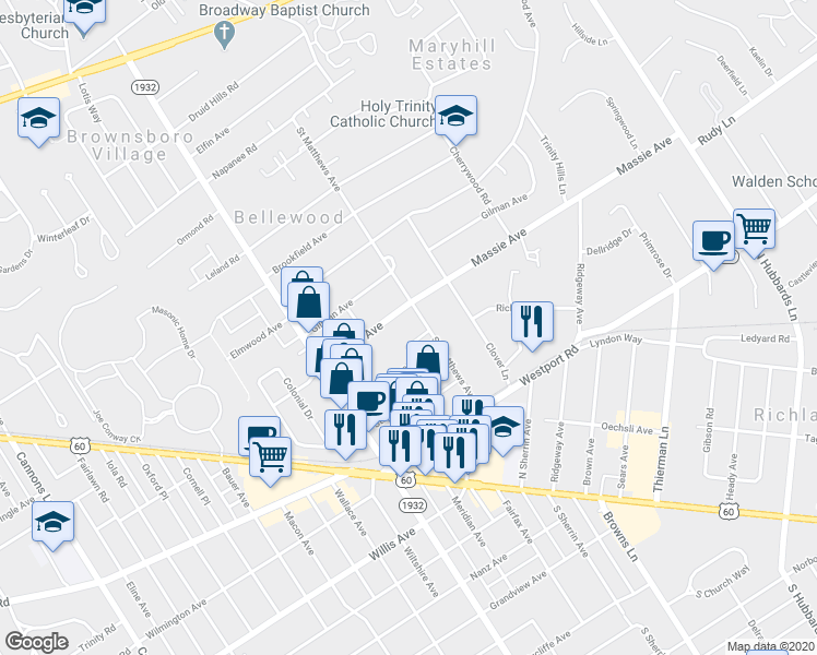 map of restaurants, bars, coffee shops, grocery stores, and more near 186 Saint Matthews Avenue in Louisville