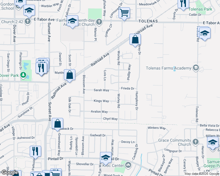 map of restaurants, bars, coffee shops, grocery stores, and more near 512 Sarah Way in Suisun City