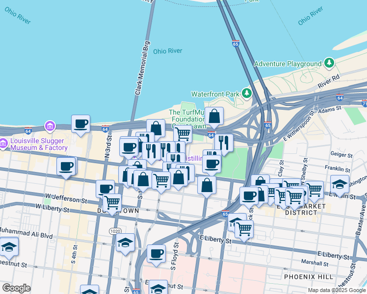 map of restaurants, bars, coffee shops, grocery stores, and more near 222 East Witherspoon Street in Louisville