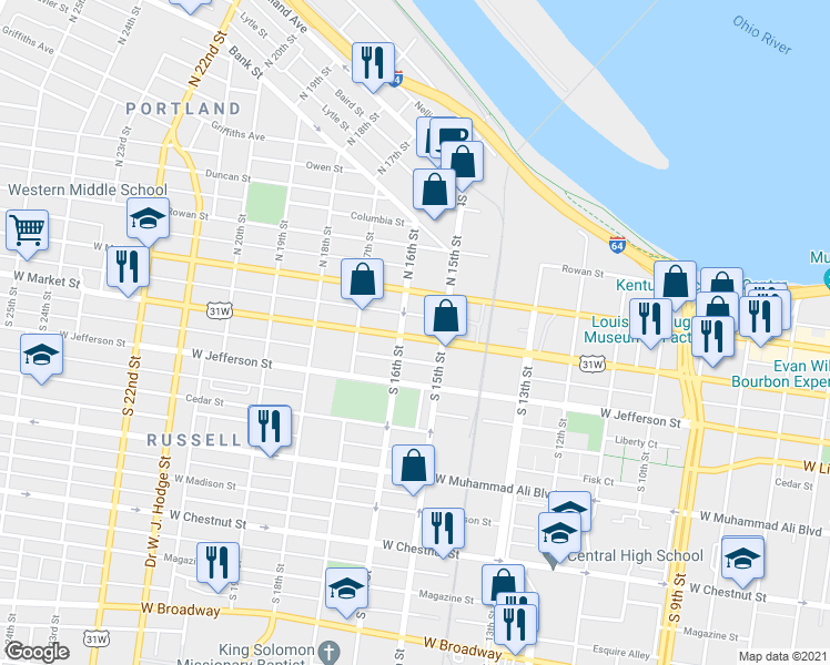 map of restaurants, bars, coffee shops, grocery stores, and more near 1523 West Market Street in Louisville