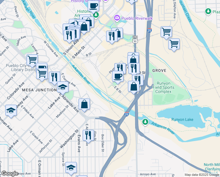 map of restaurants, bars, coffee shops, grocery stores, and more near 412 Spring Street in Pueblo