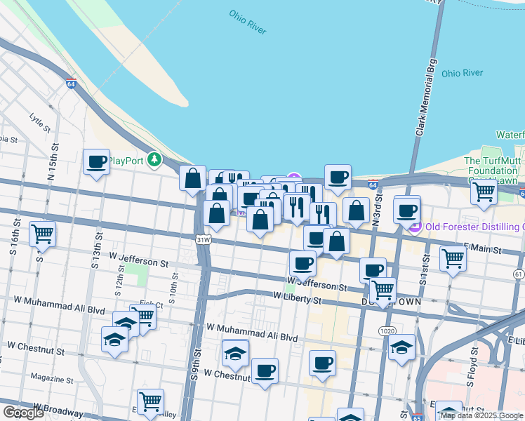 map of restaurants, bars, coffee shops, grocery stores, and more near 705 West Main Street in Louisville
