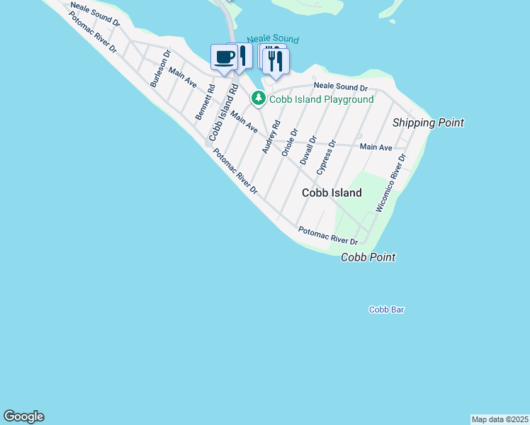 map of restaurants, bars, coffee shops, grocery stores, and more near 15435 Potomac River Drive in Cobb Island