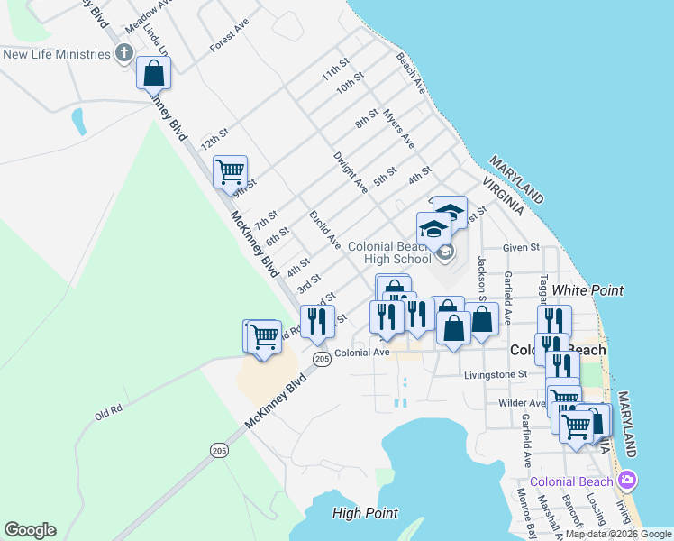 map of restaurants, bars, coffee shops, grocery stores, and more near 306 3rd Street in Colonial Beach