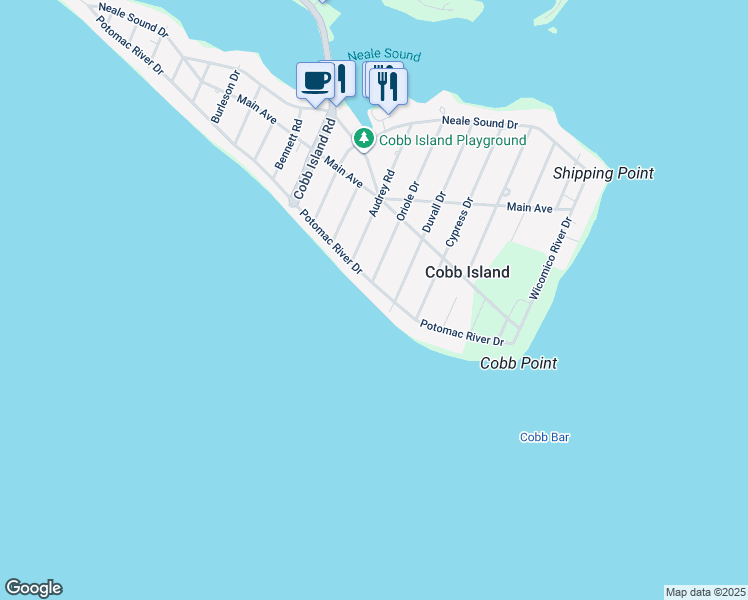 map of restaurants, bars, coffee shops, grocery stores, and more near 15435 Potomac River Drive in Cobb Island