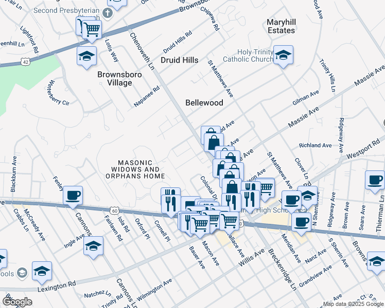 map of restaurants, bars, coffee shops, grocery stores, and more near 3829 Elmwood Avenue in Louisville