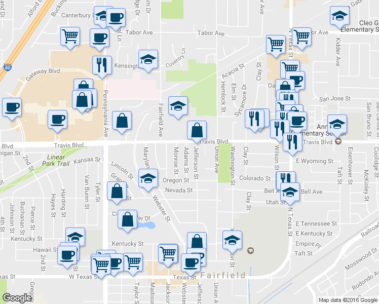 map of restaurants, bars, coffee shops, grocery stores, and more near 1504 Adams St in Fairfield