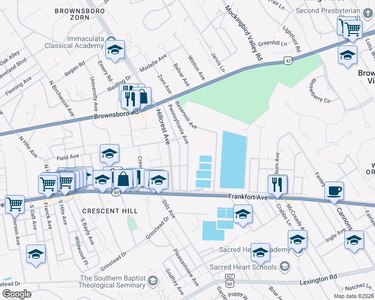 map of restaurants, bars, coffee shops, grocery stores, and more near 149 Pennsylvania Avenue in Louisville