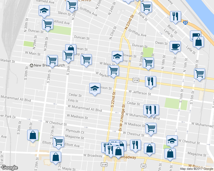map of restaurants, bars, coffee shops, grocery stores, and more near 2225 West Jefferson Street in Louisville